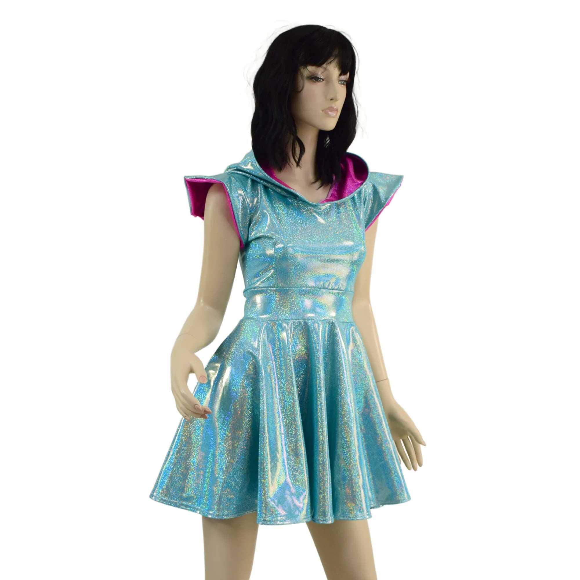 Ready to Ship Seafoam and Pink Dragon Hooded Skater Dress with Flip Sleeves 2XL