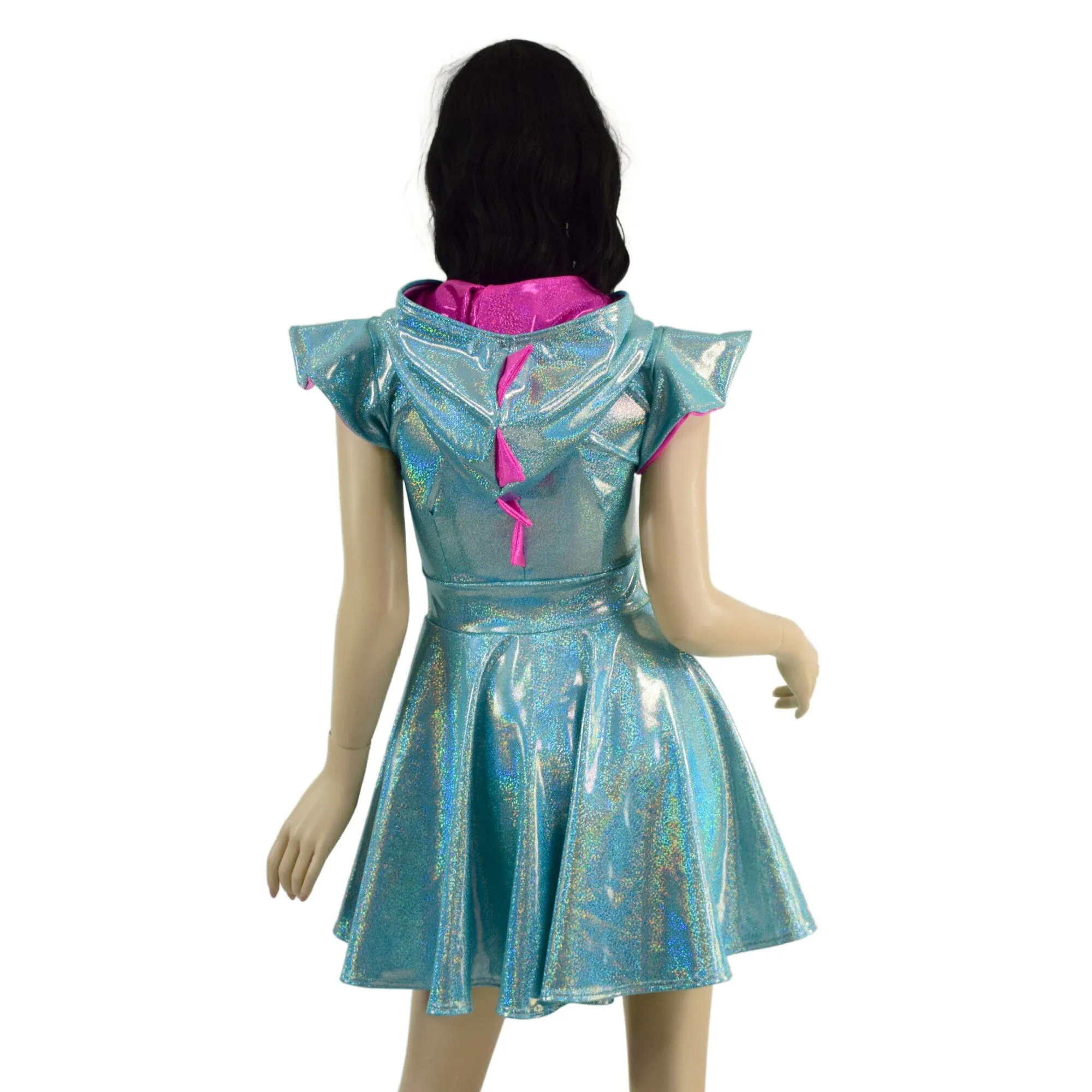 Ready to Ship Seafoam and Pink Dragon Hooded Skater Dress with Flip Sleeves 2XL