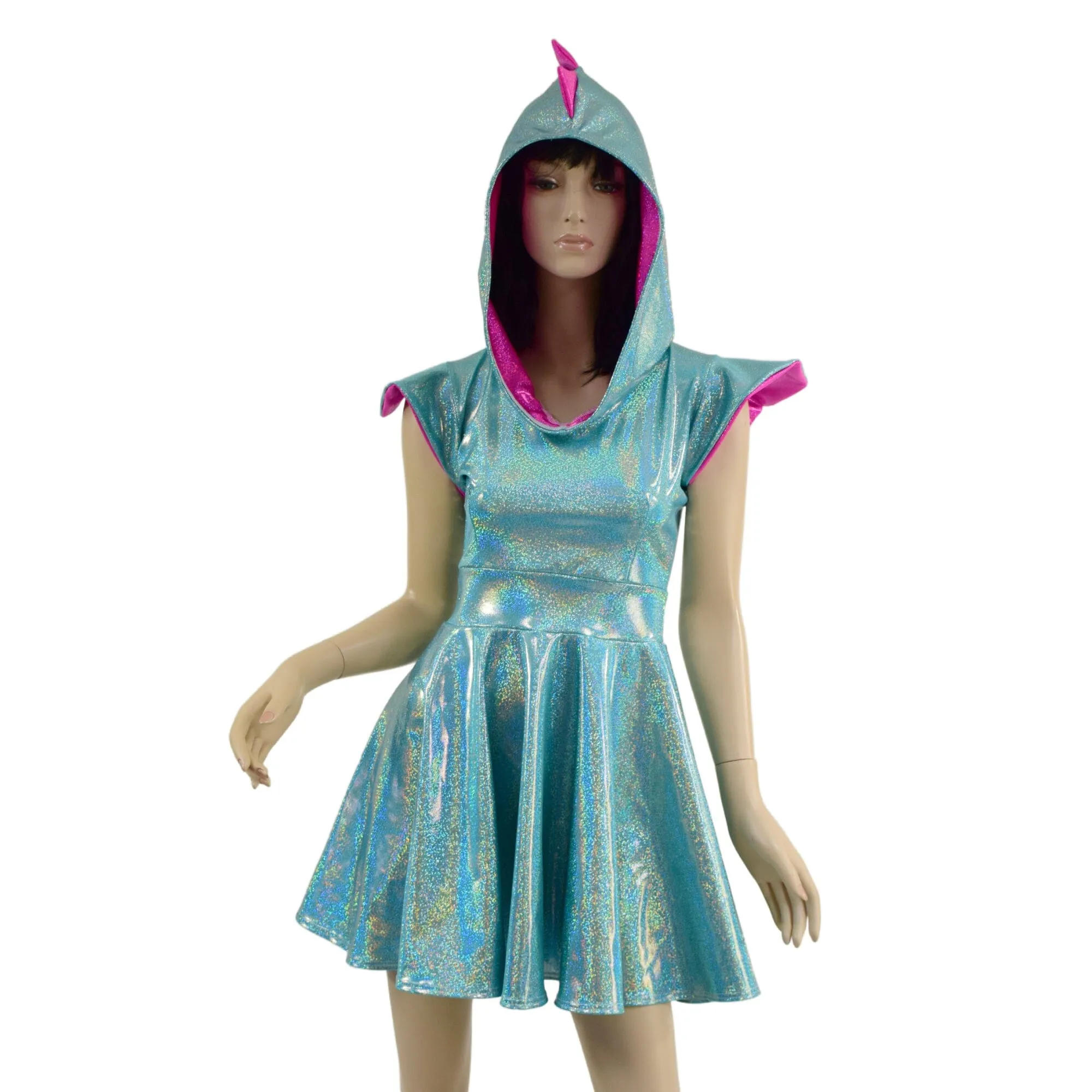 Ready to Ship Seafoam and Pink Dragon Hooded Skater Dress with Flip Sleeves 2XL