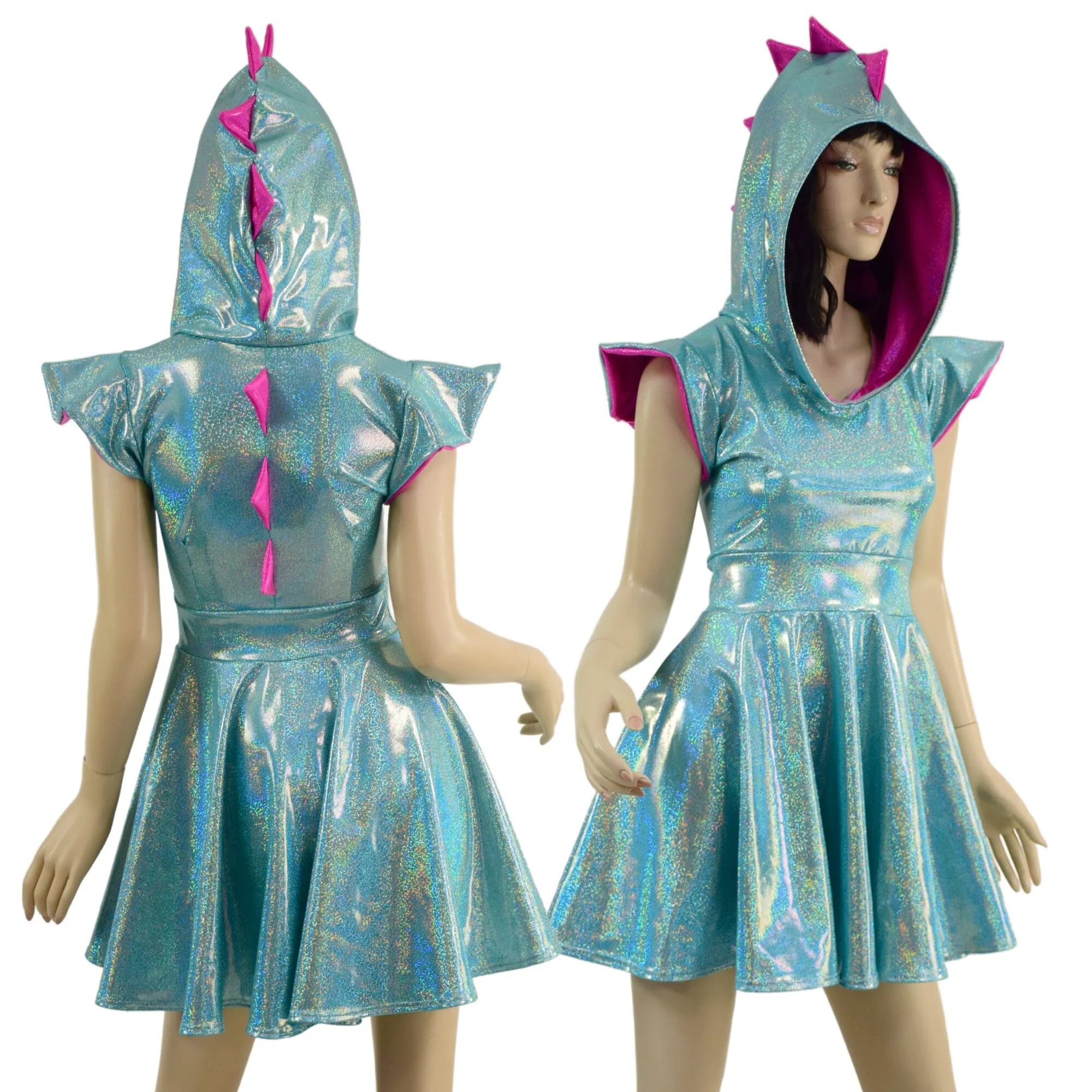Ready to Ship Seafoam and Pink Dragon Hooded Skater Dress with Flip Sleeves 2XL