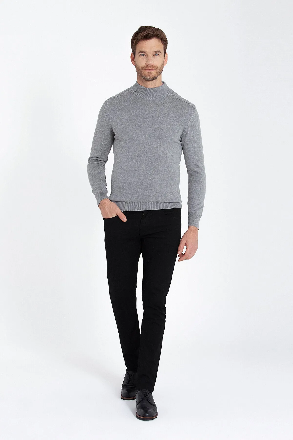 Regular Fit Light Gray Cotton Blend Mock Neck Sweater