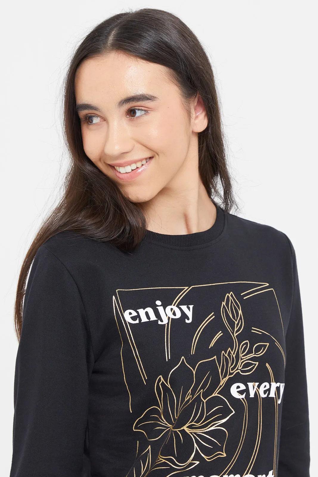 Senior Girls Black Floral Print Sweatshirt