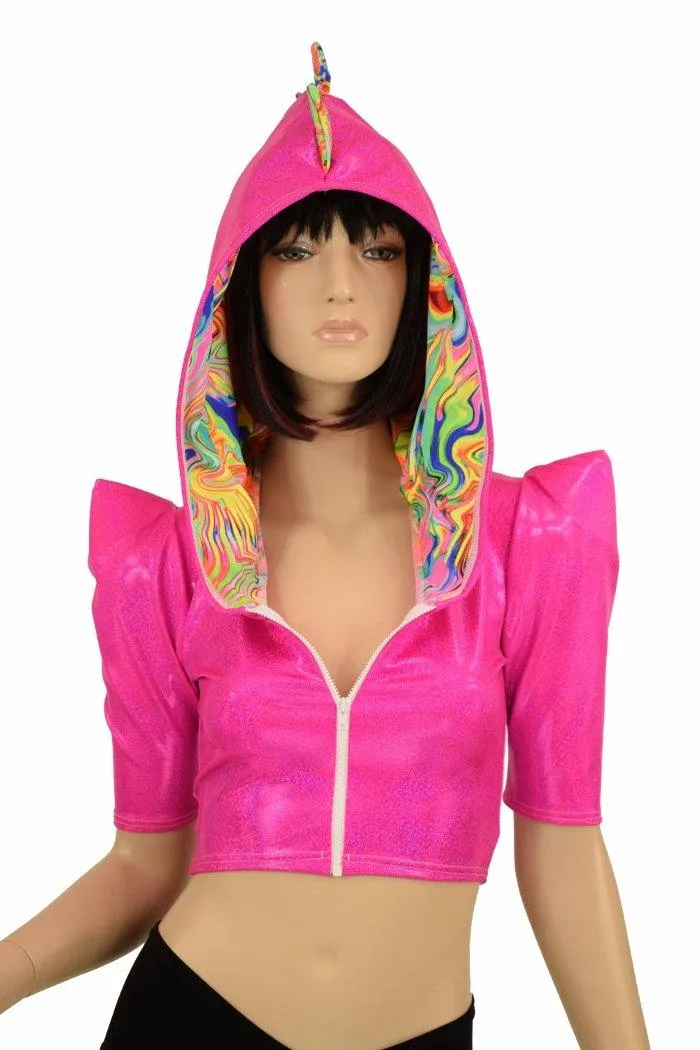 Sharp Shoulder Half Sleeve Dragon Crop Top