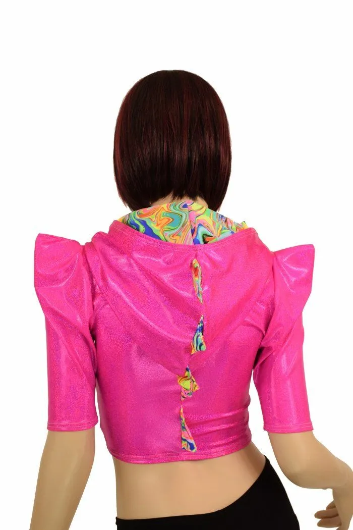 Sharp Shoulder Half Sleeve Dragon Crop Top