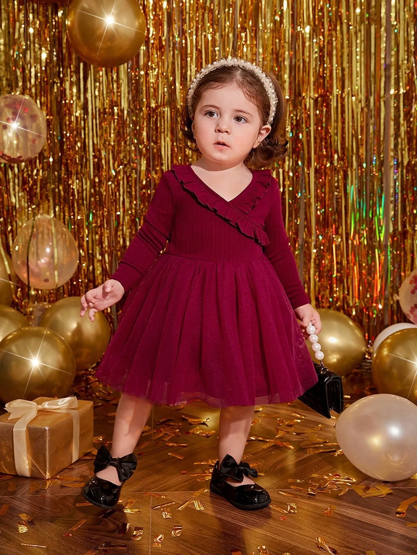 SHEIN Baby Girl Romantic Knitted Mesh Patchwork Dress With Ruffle Hem, Long Sleeve