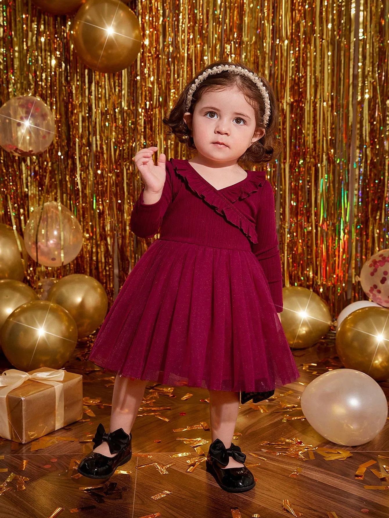 SHEIN Baby Girl Romantic Knitted Mesh Patchwork Dress With Ruffle Hem, Long Sleeve