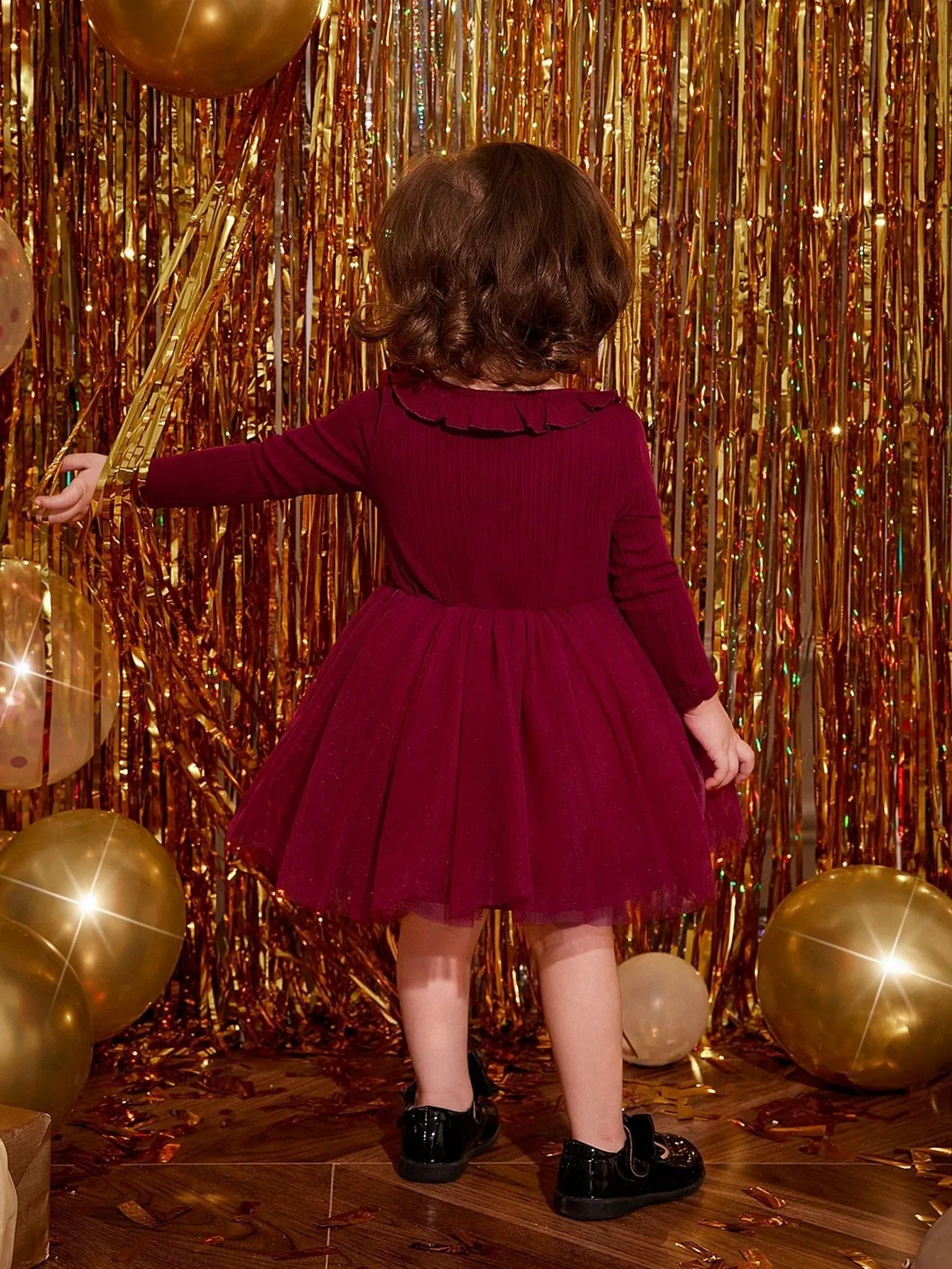 SHEIN Baby Girl Romantic Knitted Mesh Patchwork Dress With Ruffle Hem, Long Sleeve