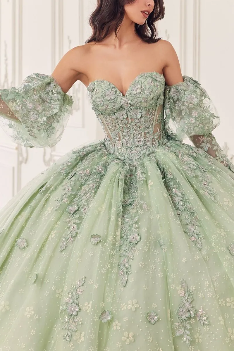 STRAPLESS LACE QUINCEANERA BALL GOWN WITH REMOVABLE PUFF SLEEVES CD15722
