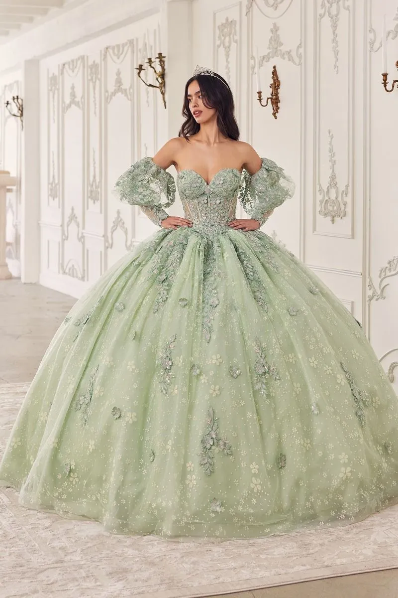 STRAPLESS LACE QUINCEANERA BALL GOWN WITH REMOVABLE PUFF SLEEVES CD15722