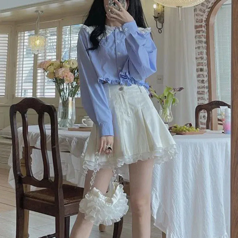 Toleet-Sexy Lace Patchwork Mini Skirts for Women Japanese Sweet Cute Black Pleated Tennis Skirt Woman Y2K High Waist Lolita Cake Skirt
