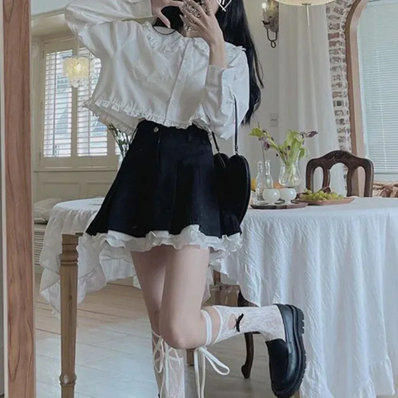 Toleet-Sexy Lace Patchwork Mini Skirts for Women Japanese Sweet Cute Black Pleated Tennis Skirt Woman Y2K High Waist Lolita Cake Skirt