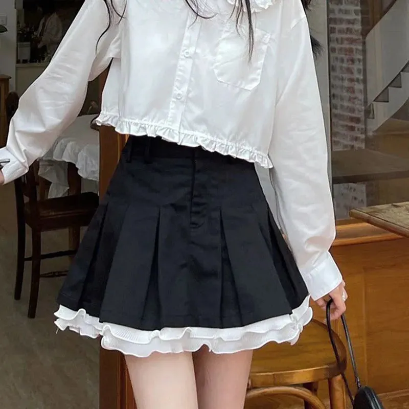 Toleet-Sexy Lace Patchwork Mini Skirts for Women Japanese Sweet Cute Black Pleated Tennis Skirt Woman Y2K High Waist Lolita Cake Skirt