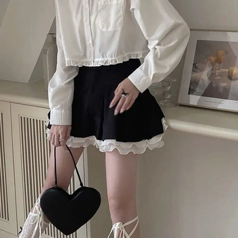 Toleet-Sexy Lace Patchwork Mini Skirts for Women Japanese Sweet Cute Black Pleated Tennis Skirt Woman Y2K High Waist Lolita Cake Skirt