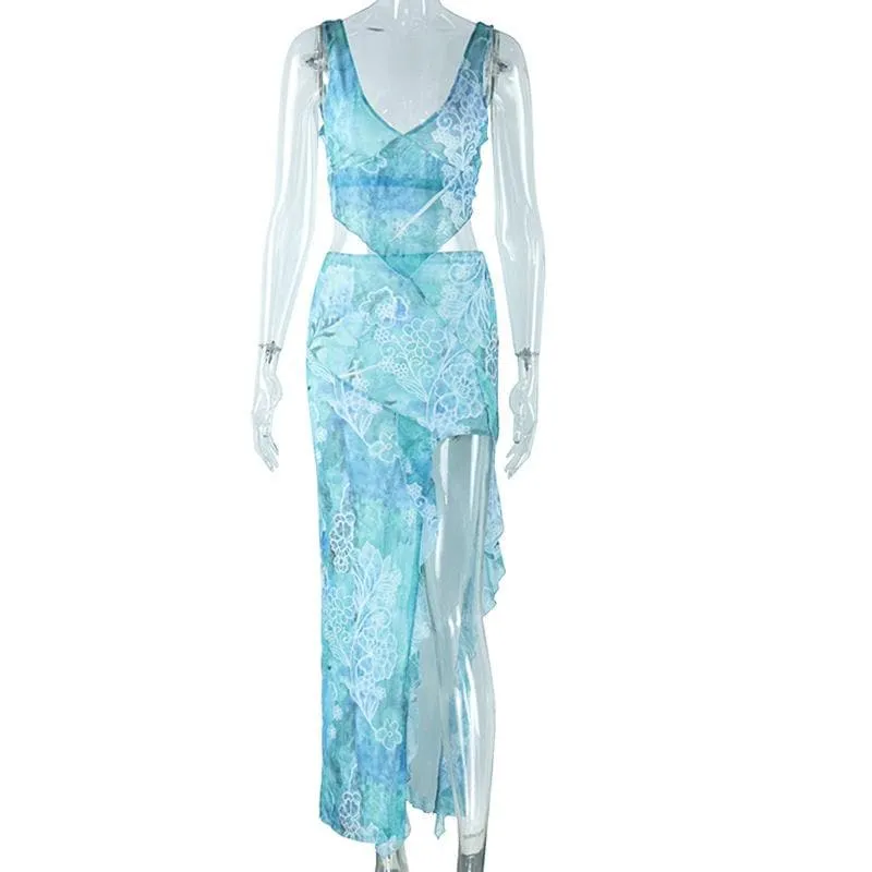 V neck slit knotted cami maxi skirt set